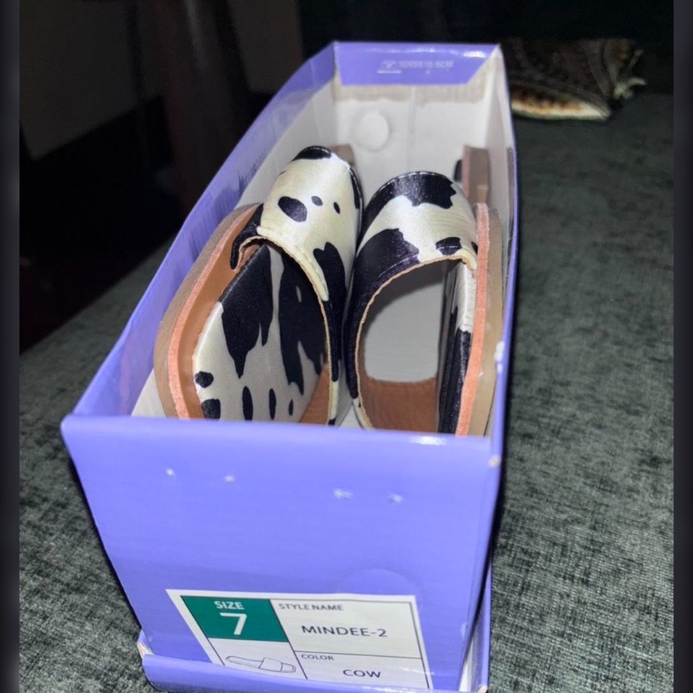 Liliana Black and White Cow Print Sandals - Picture 2 of 3